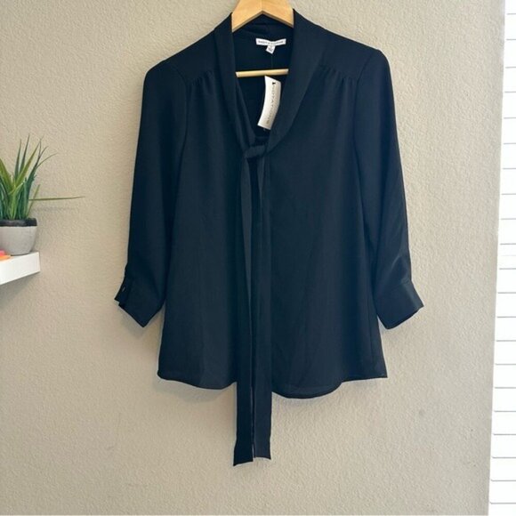 Notation Black Button-Up Neck Tie Blouse Size Small | 3/4 Sleeve Career Top - Picture 3 of 9